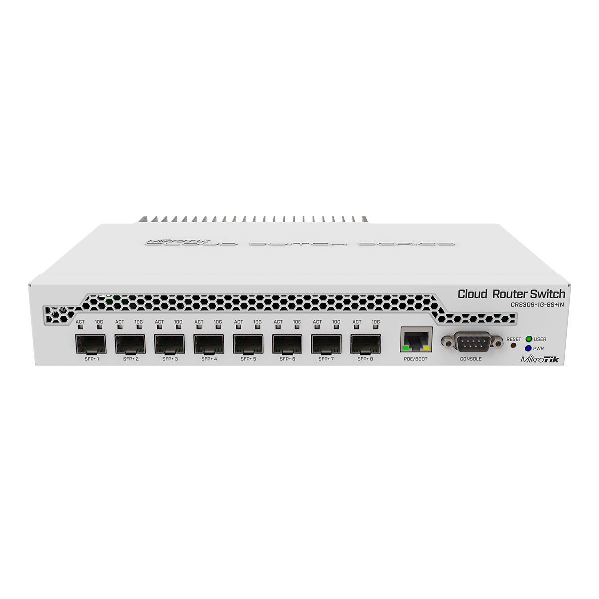 Un Mikrotik Cloud Router Switch bianco con 8 porte SFP+, una porta PoE/Boot e una console.