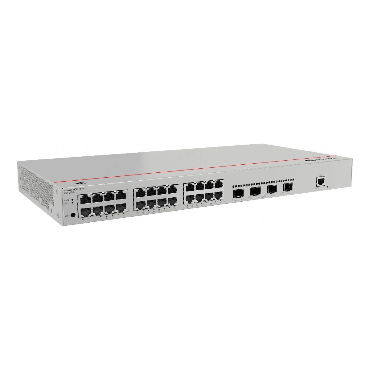 Uno switch di rete argentato con più porte sul davanti e sul retro. Presenta una linea rossa in alto.