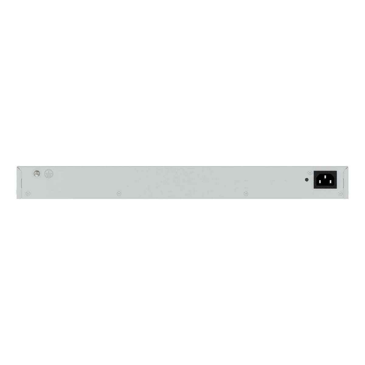 Uno switch di rete grigio con connettore di alimentazione e viti.