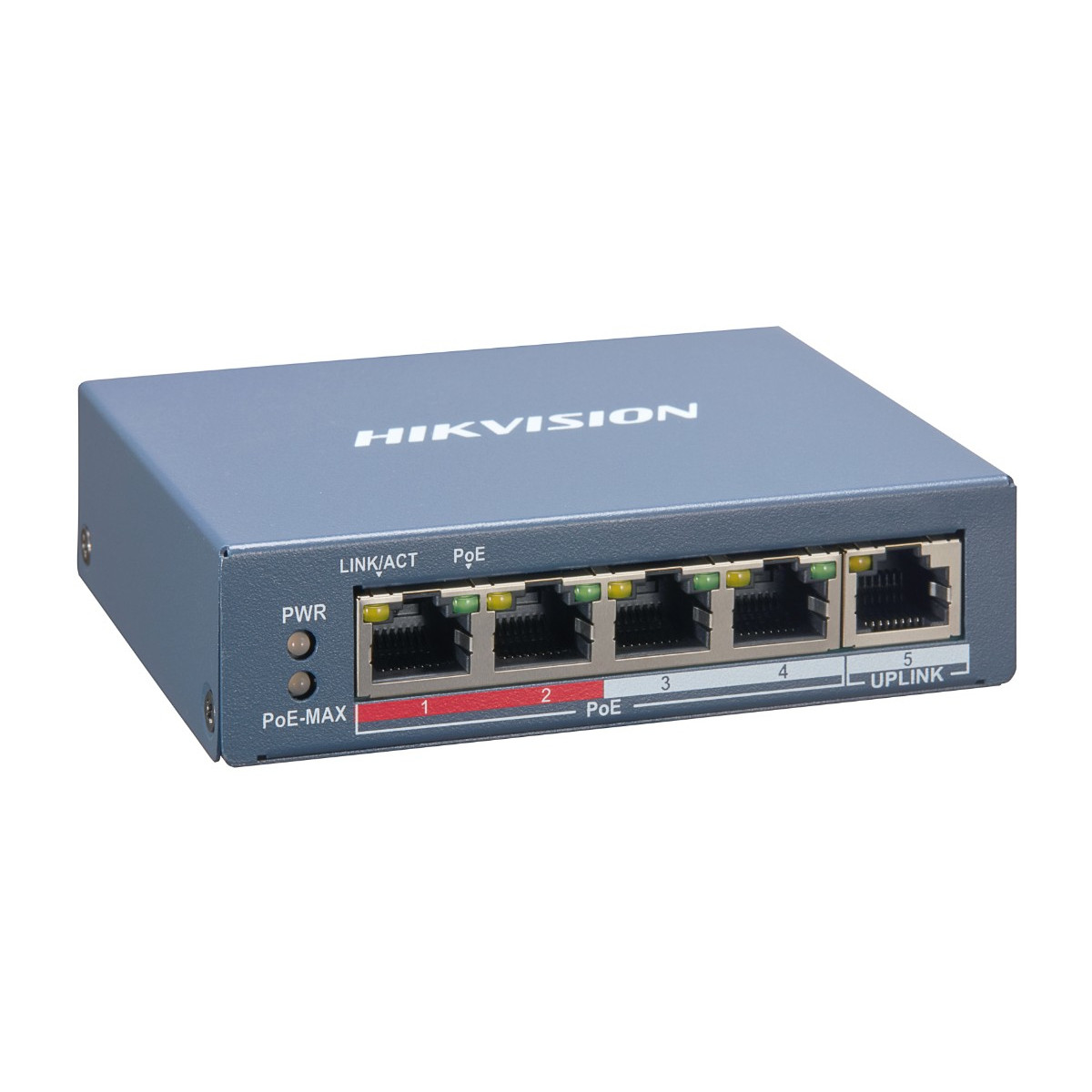 Uno switch di rete Hikvision blu con 5 porte e LED di indicazione.