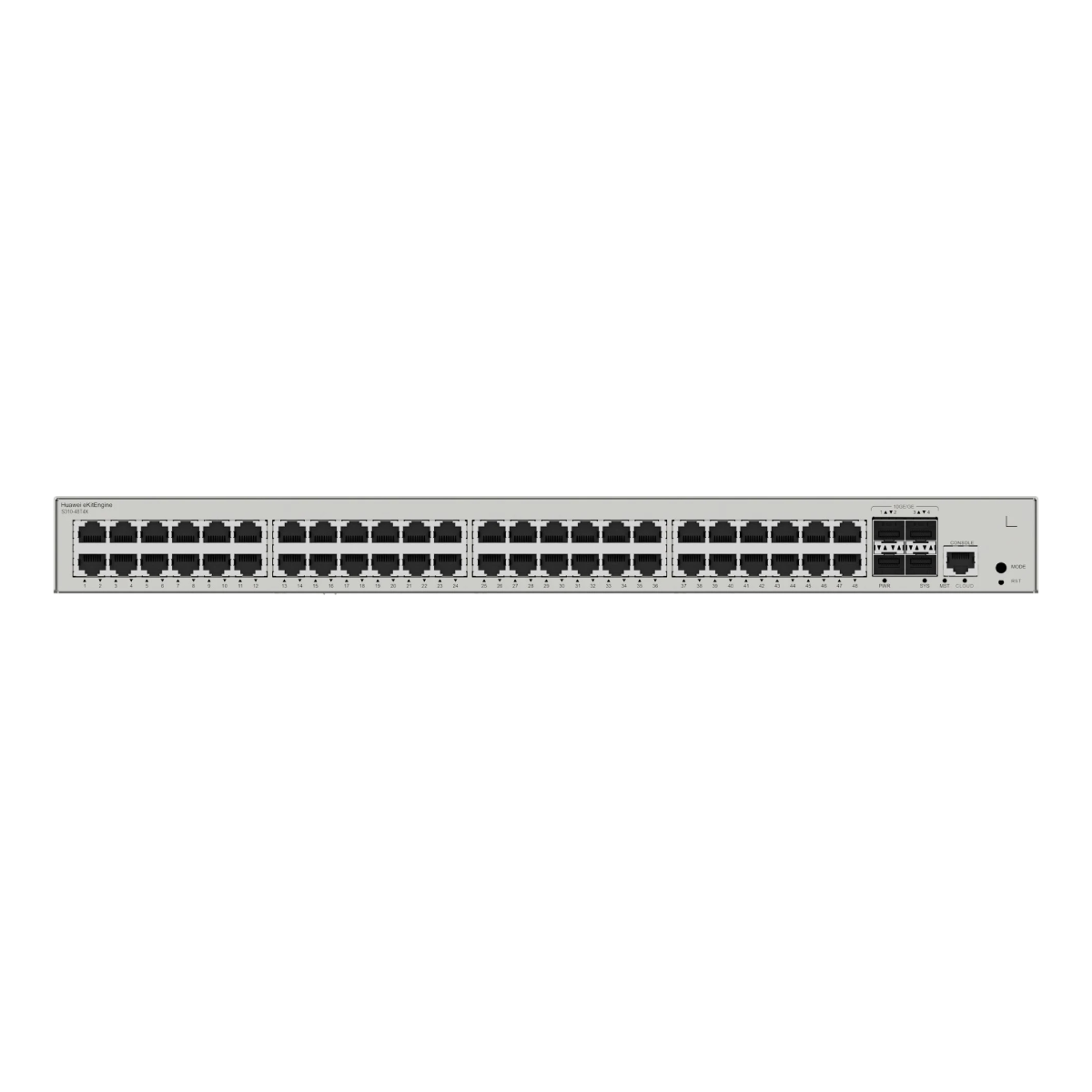 Uno switch di rete argentato con 48 porte Ethernet e spie di stato.