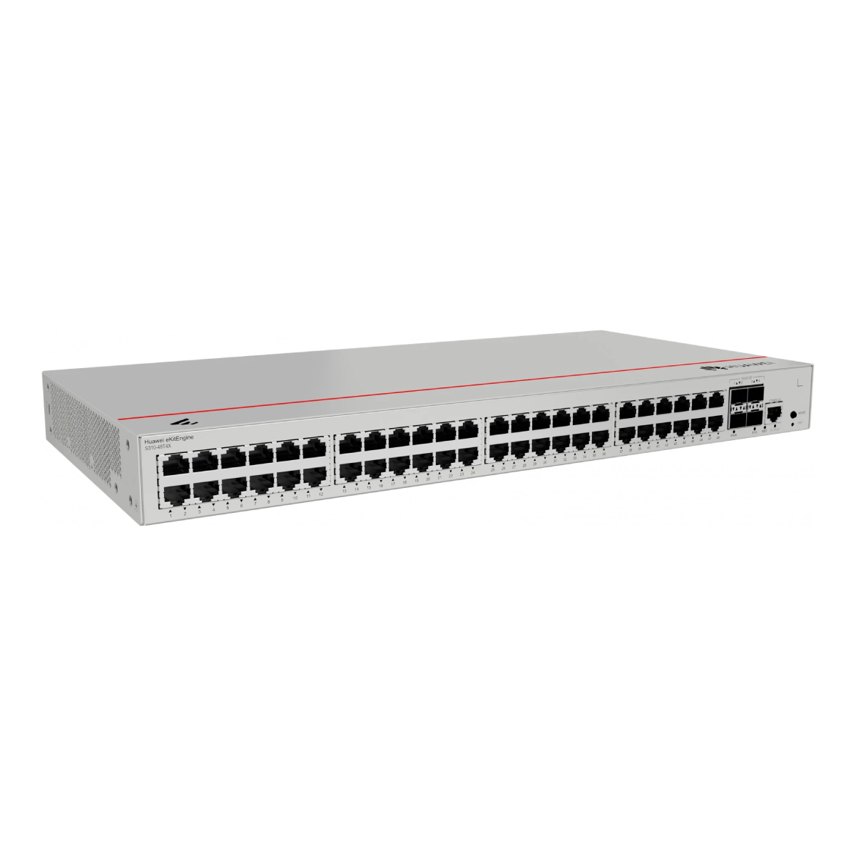 Switch di rete Huawei argentato con 48 porte e accenti rossi.