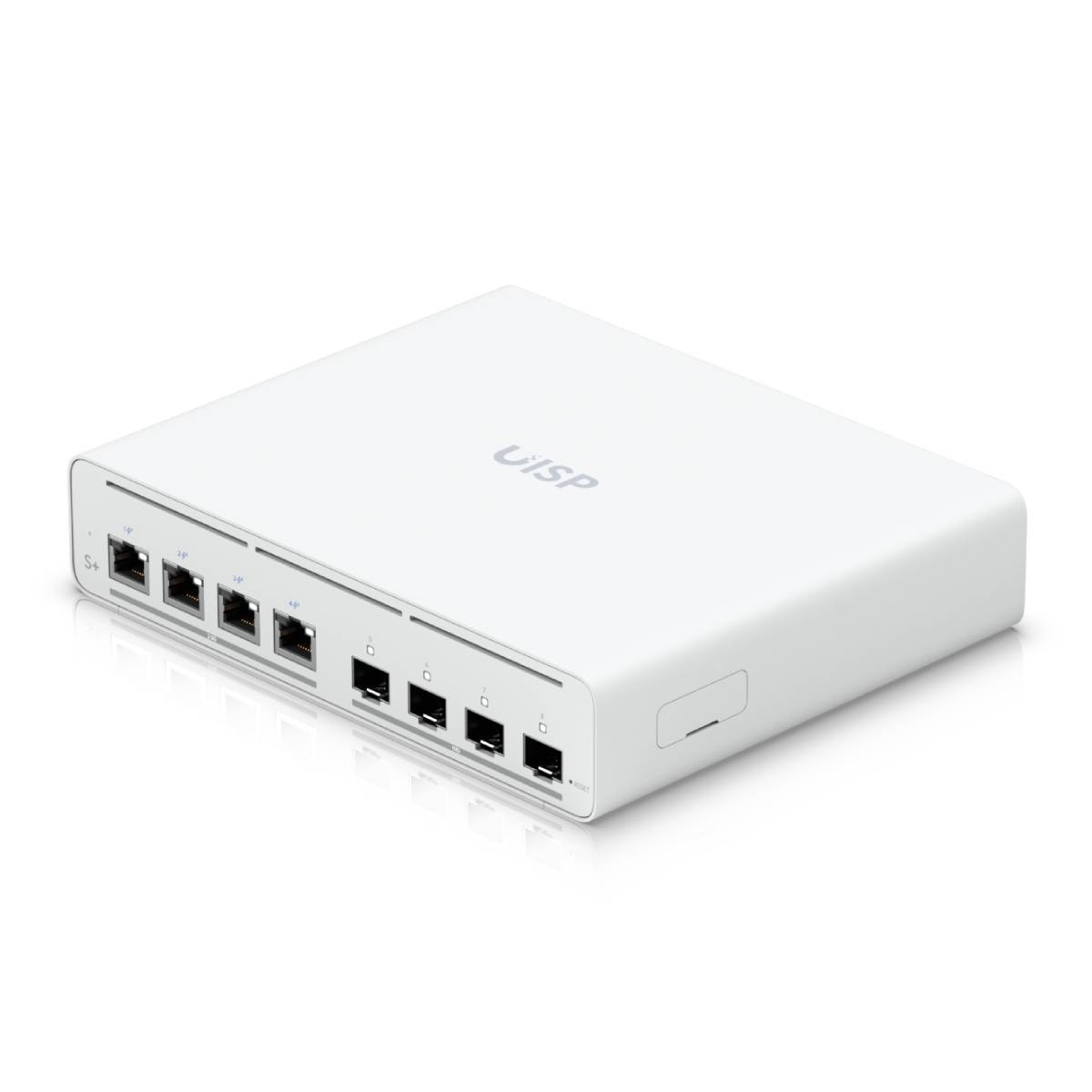 Dispositivo Ubiquiti airMAX bianco con multiple porte ethernet e logo UISP.