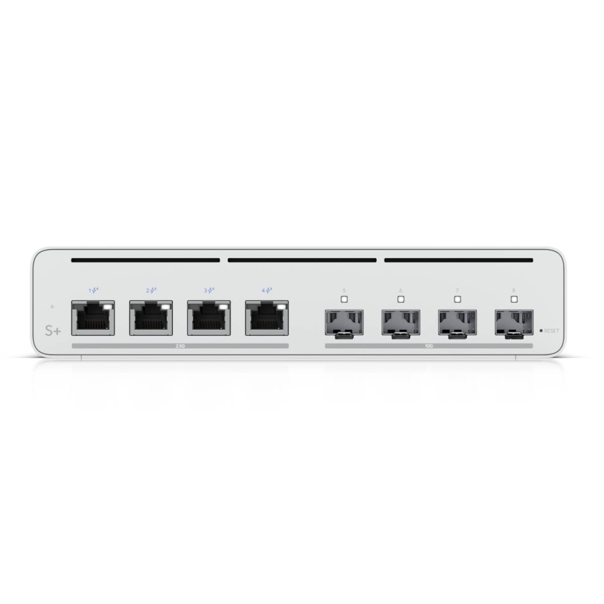 Un dispositivo di rete bianco con porte Ethernet multiple ed etichette.