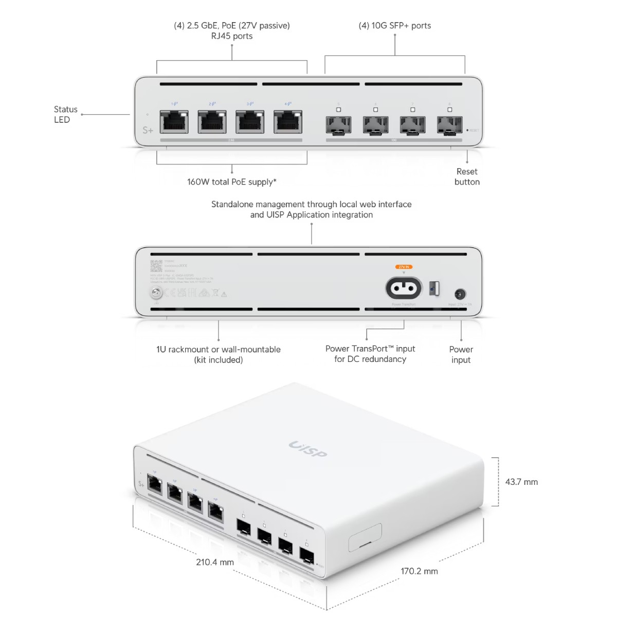 Switch di rete bianco con 8 porte: 4 RJ45 PoE e 4 SFP+. Dimensioni mostrate.