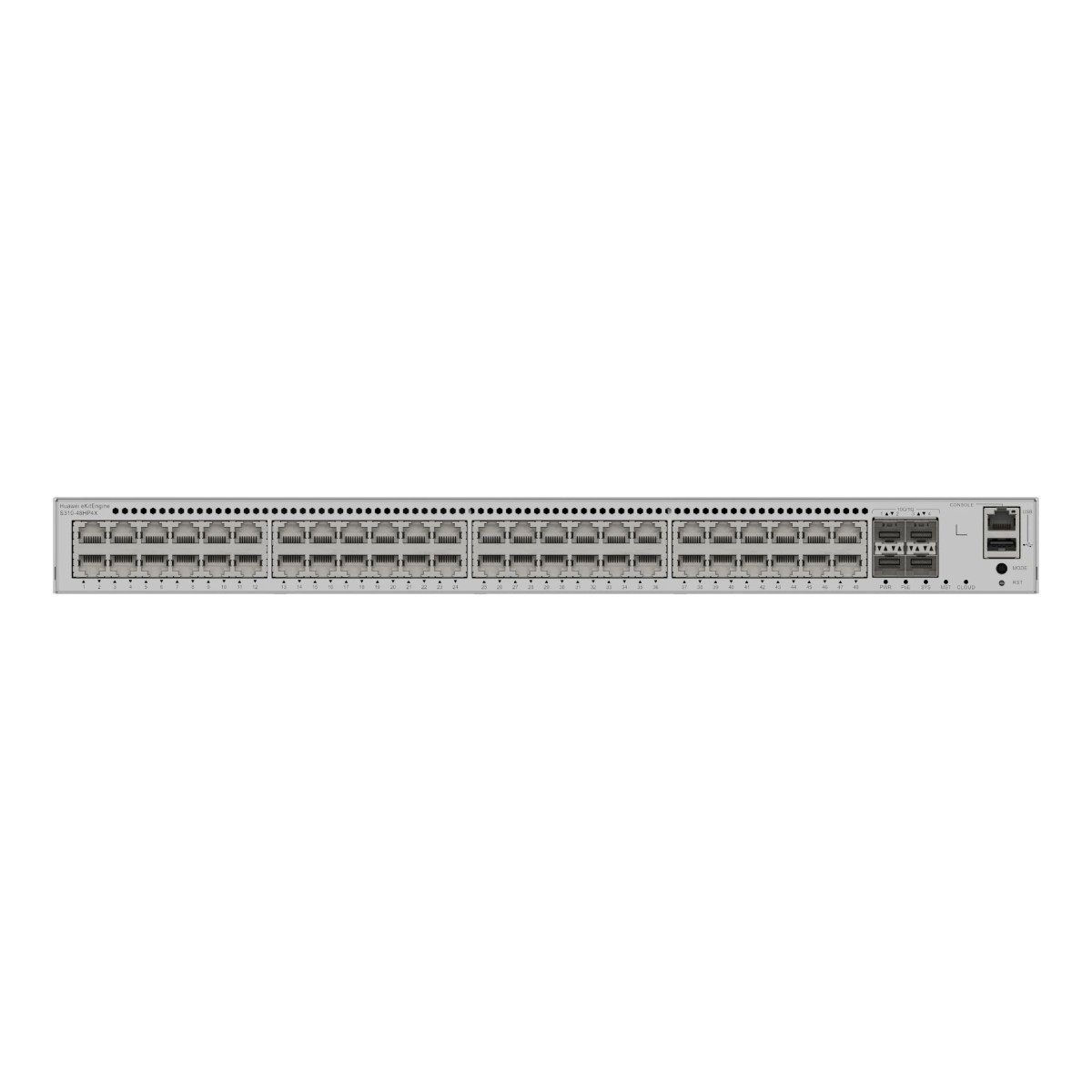 Uno switch di rete argentato con 48 porte Ethernet ed etichette.