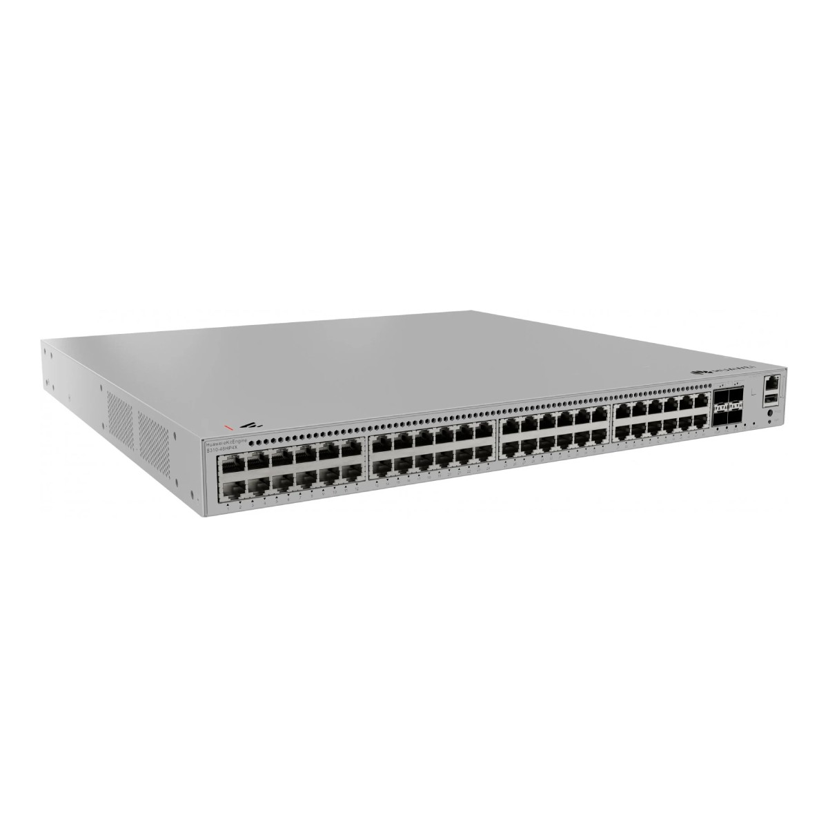 Uno switch di rete argentato con numerose porte sul pannello frontale.