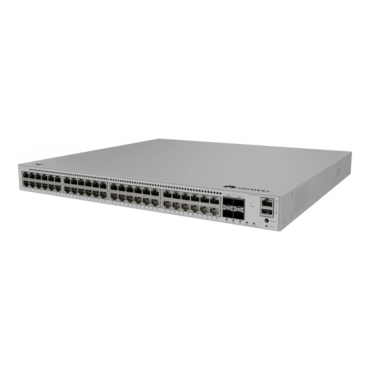 Switch di rete Huawei argentato con molte porte sul pannello frontale.
