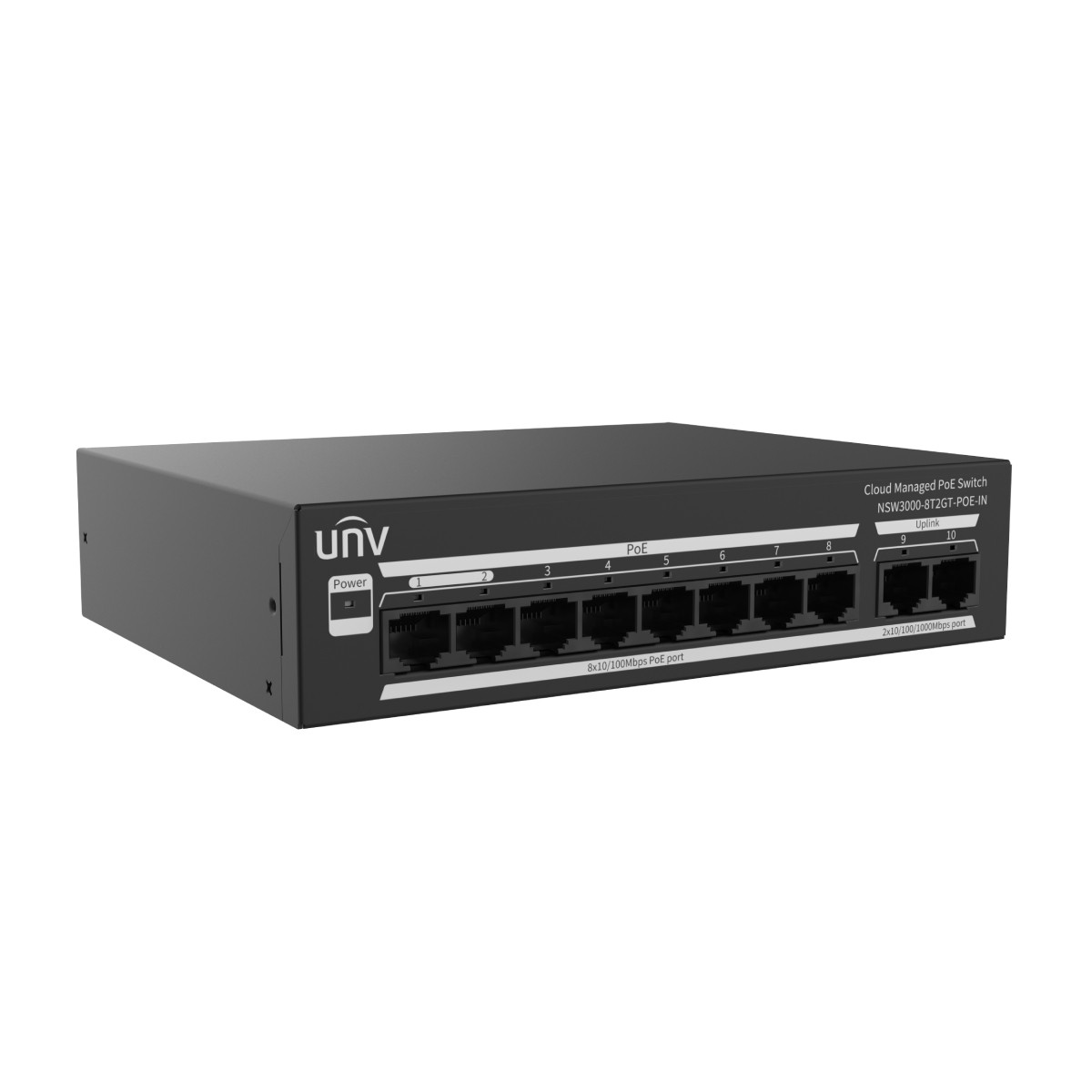 Uno switch di rete nero con 8 porte PoE e 2 porte uplink.