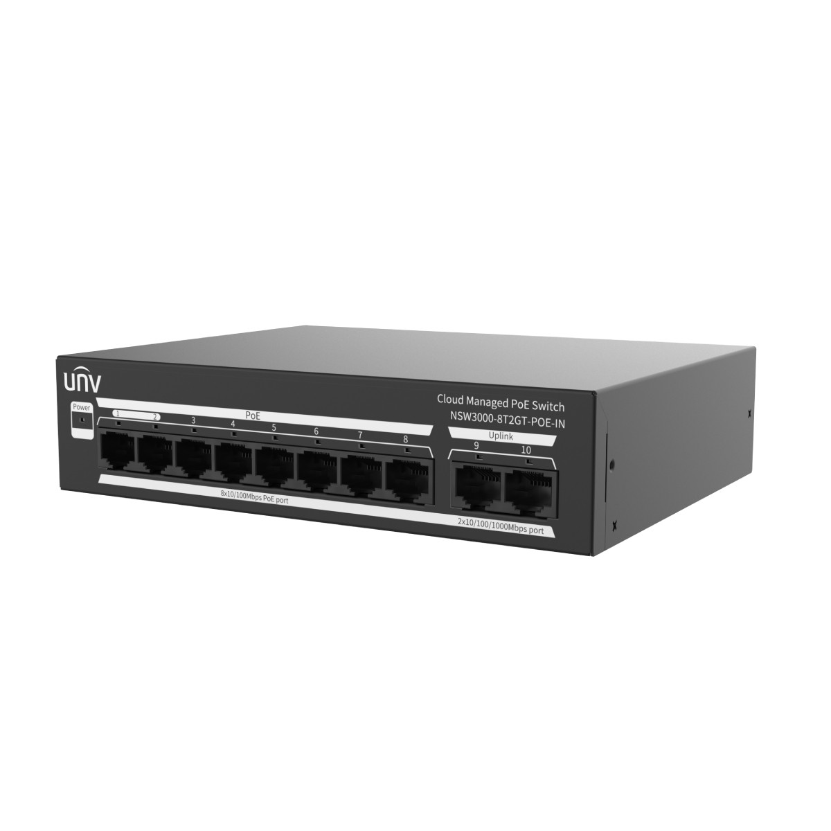 Uno switch di rete nero marca UNV con 10 porte su sfondo bianco.