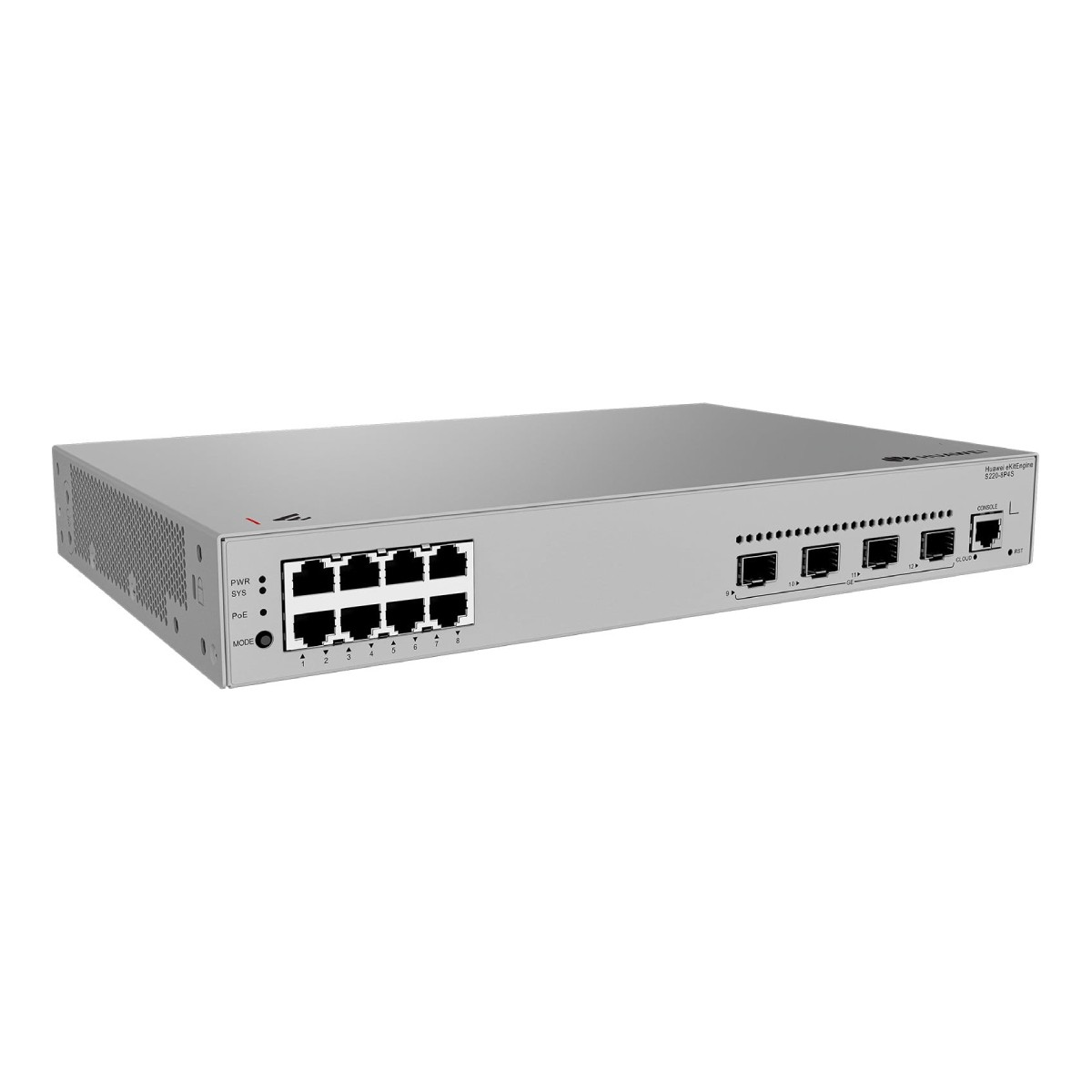 Uno switch di rete argentato con 8 porte anteriori e altre 16 posteriori.