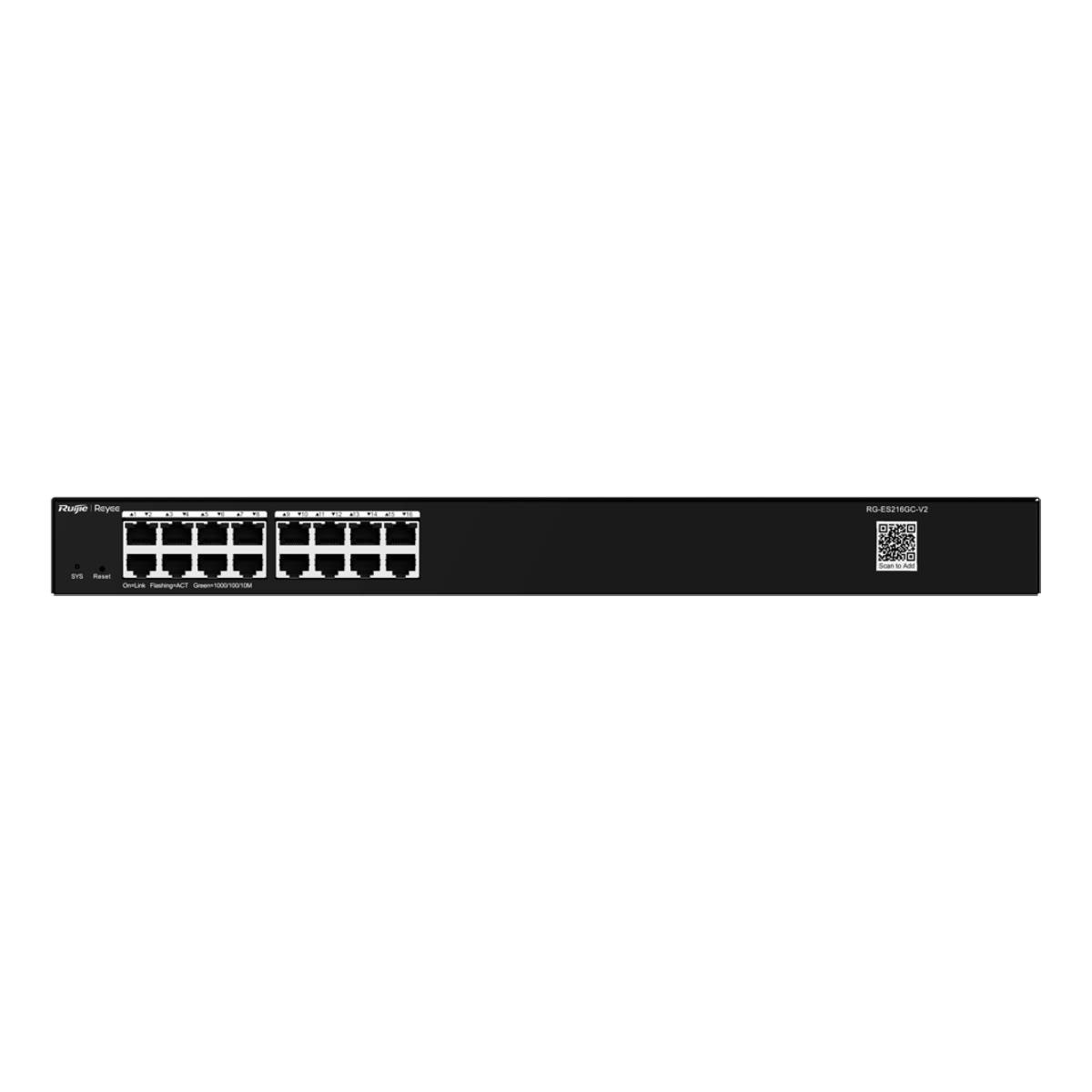 Switch di rete nero a 16 porte con logo Ruijie e spie di stato.
