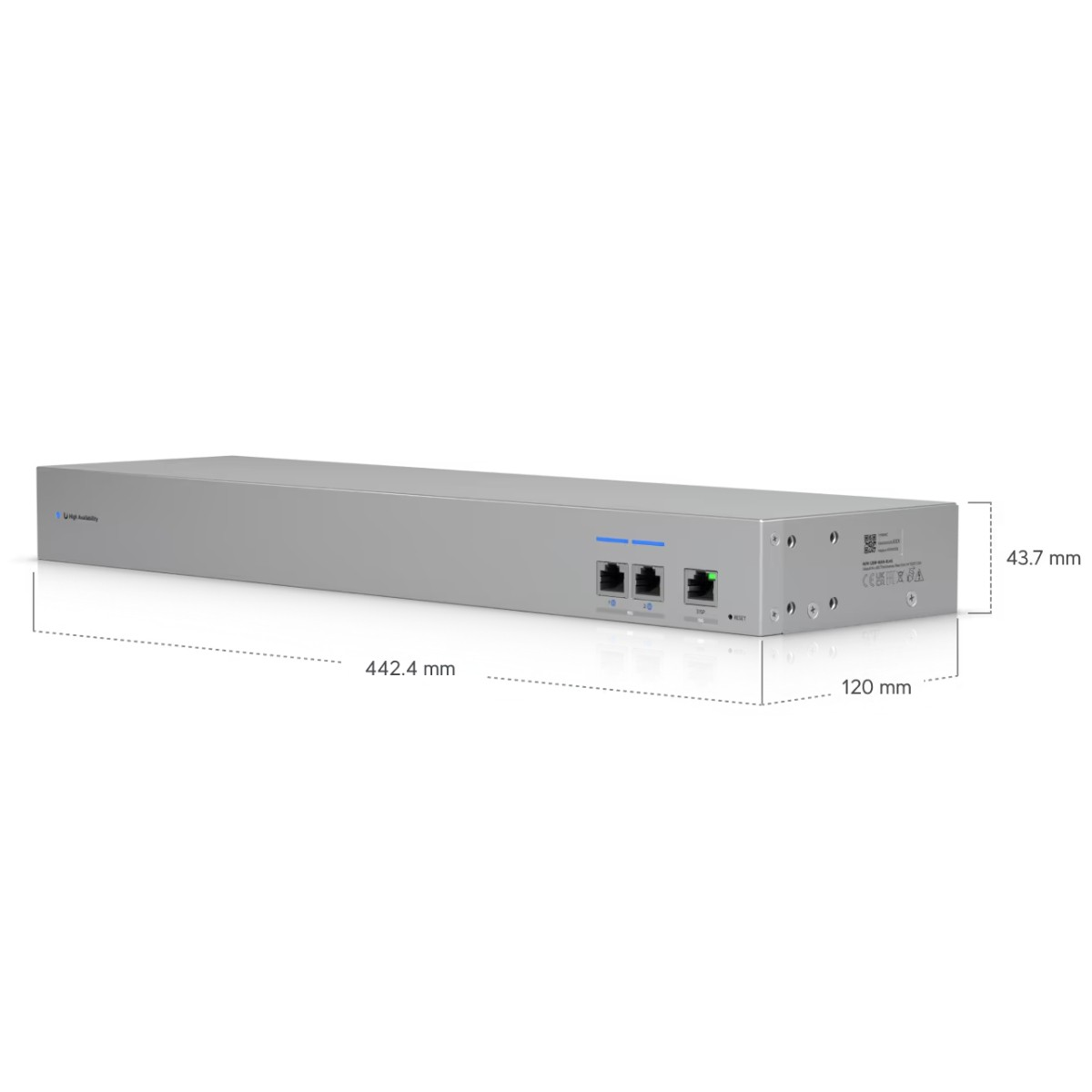 Un dispositivo piatto argentato da montaggio rack con indicatori LED blu e porte.