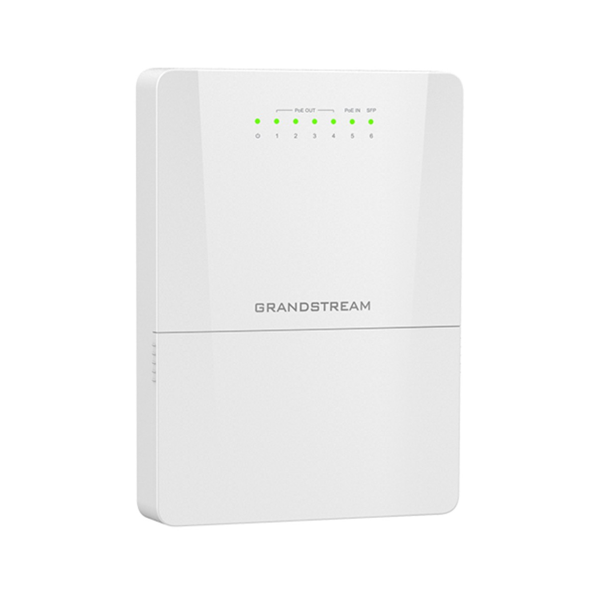 Dispositivo Grandstream bianco con luci indicatori verdi e porte numerate.