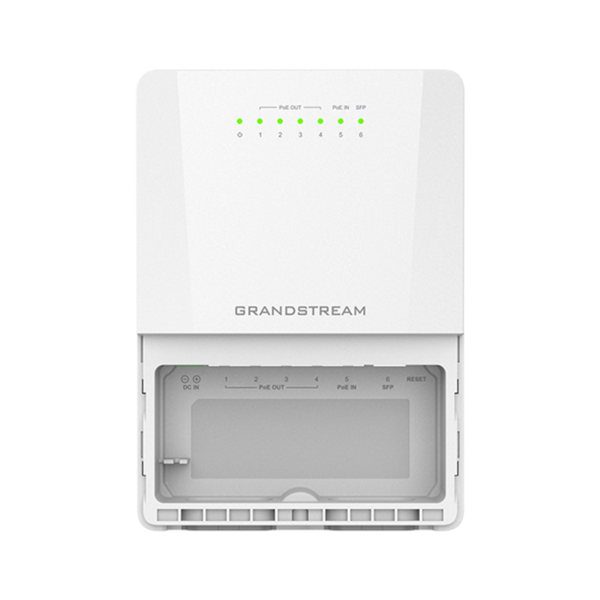 Un dispositivo di rete Grandstream bianco con porte e luci.
