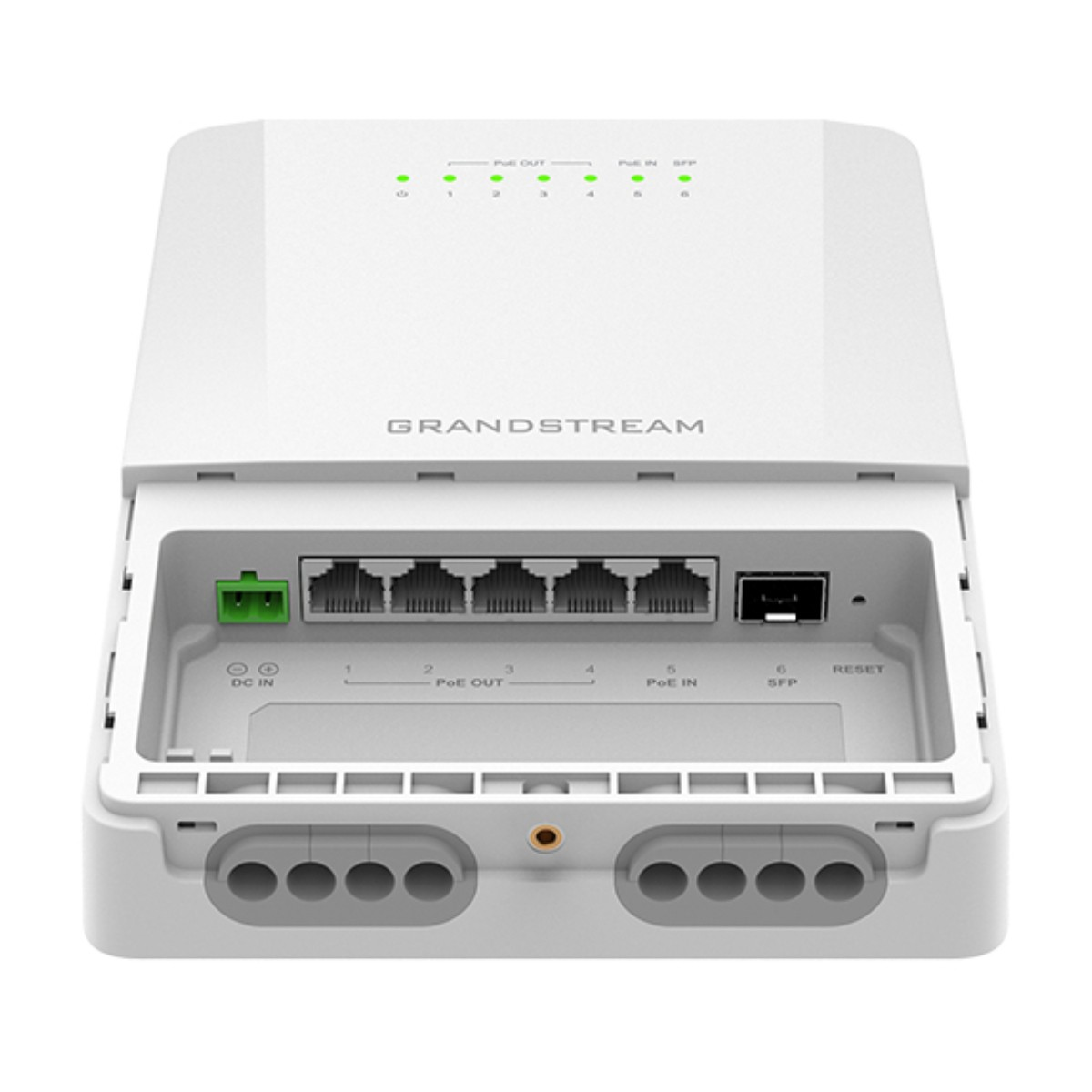 Un dispositivo Grandstream bianco con porte e LED di stato.