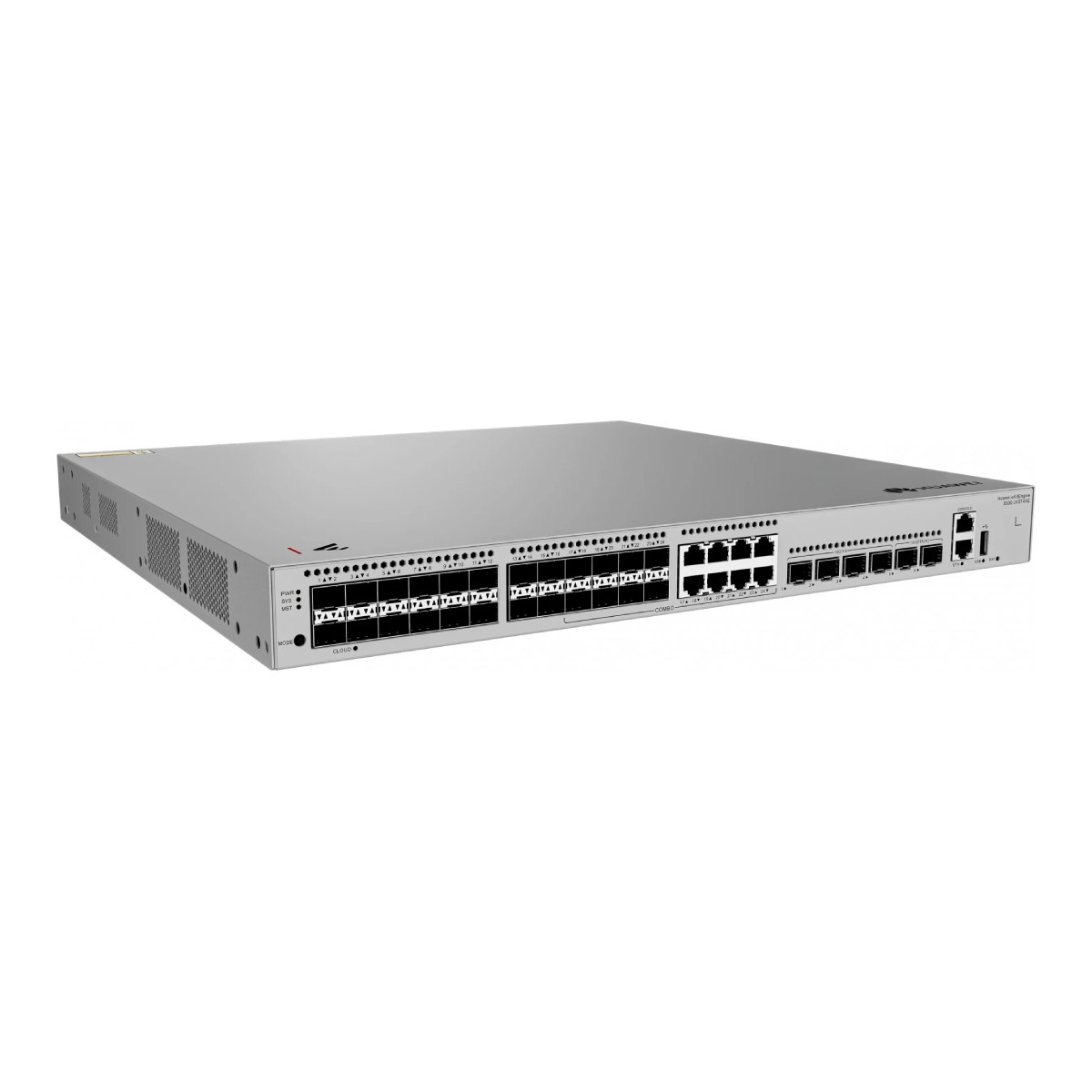 Uno switch di rete argentato con molte porte e LED.