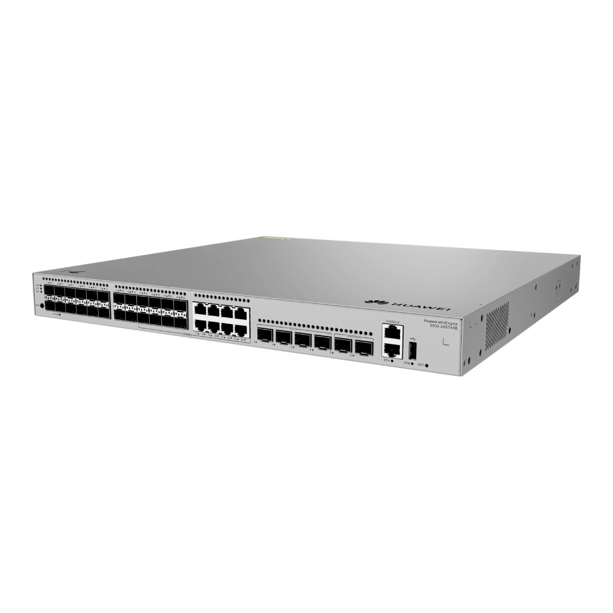Switch di rete Huawei argentato con molte porte e spie luminose su sfondo bianco.