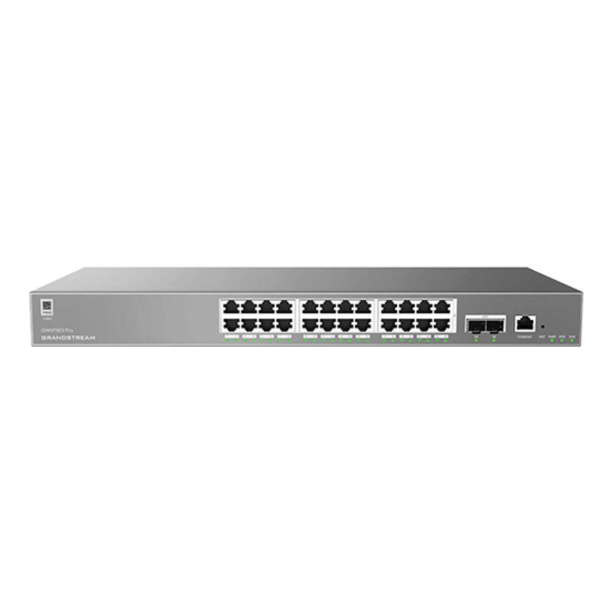 Uno switch di rete argentato con 24 porte e il logo Grandstream.