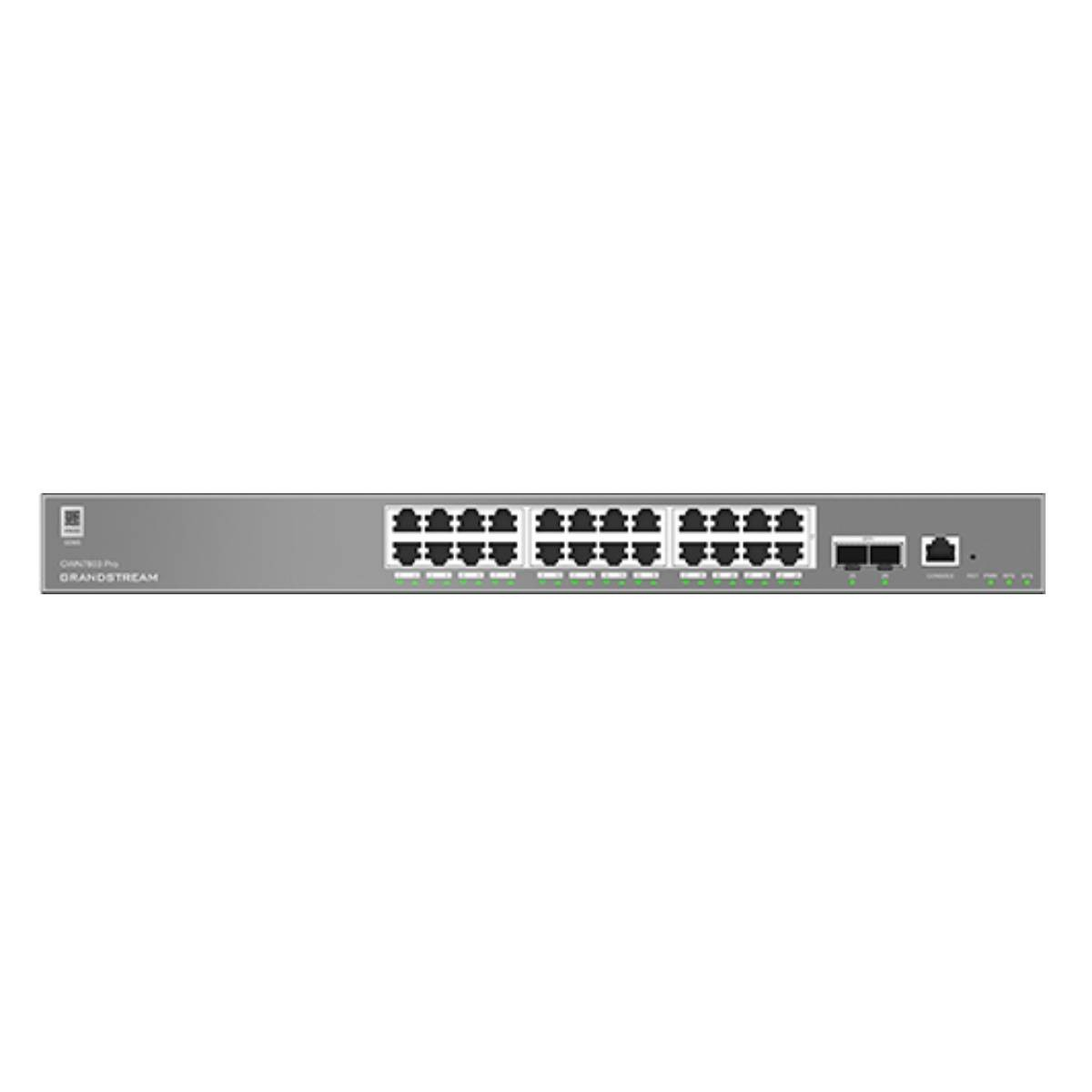 Uno switch di rete grigio con 24 porte e indicatori LED.