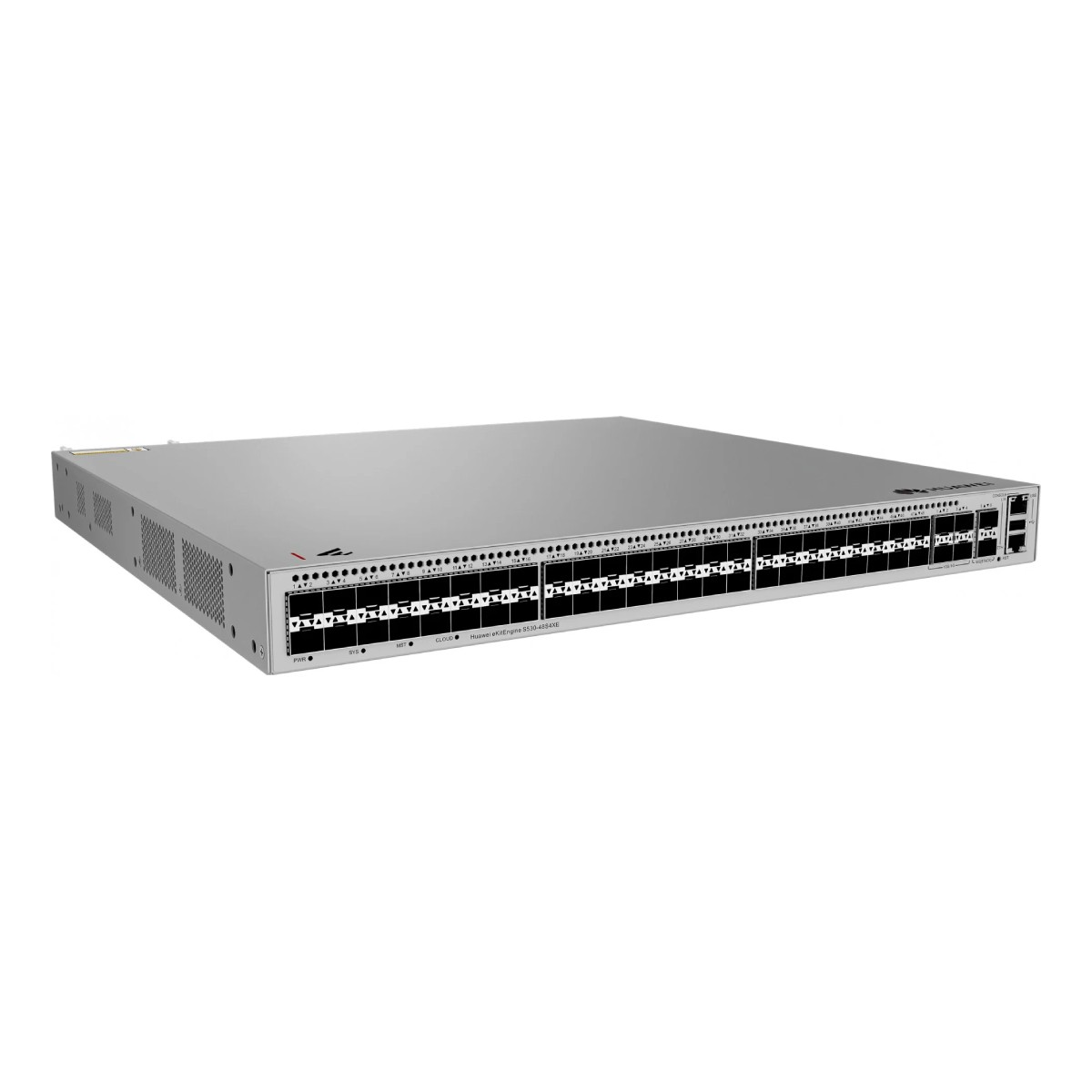 Uno switch di rete argentato con molte porte e spie luminose sul pannello frontale.