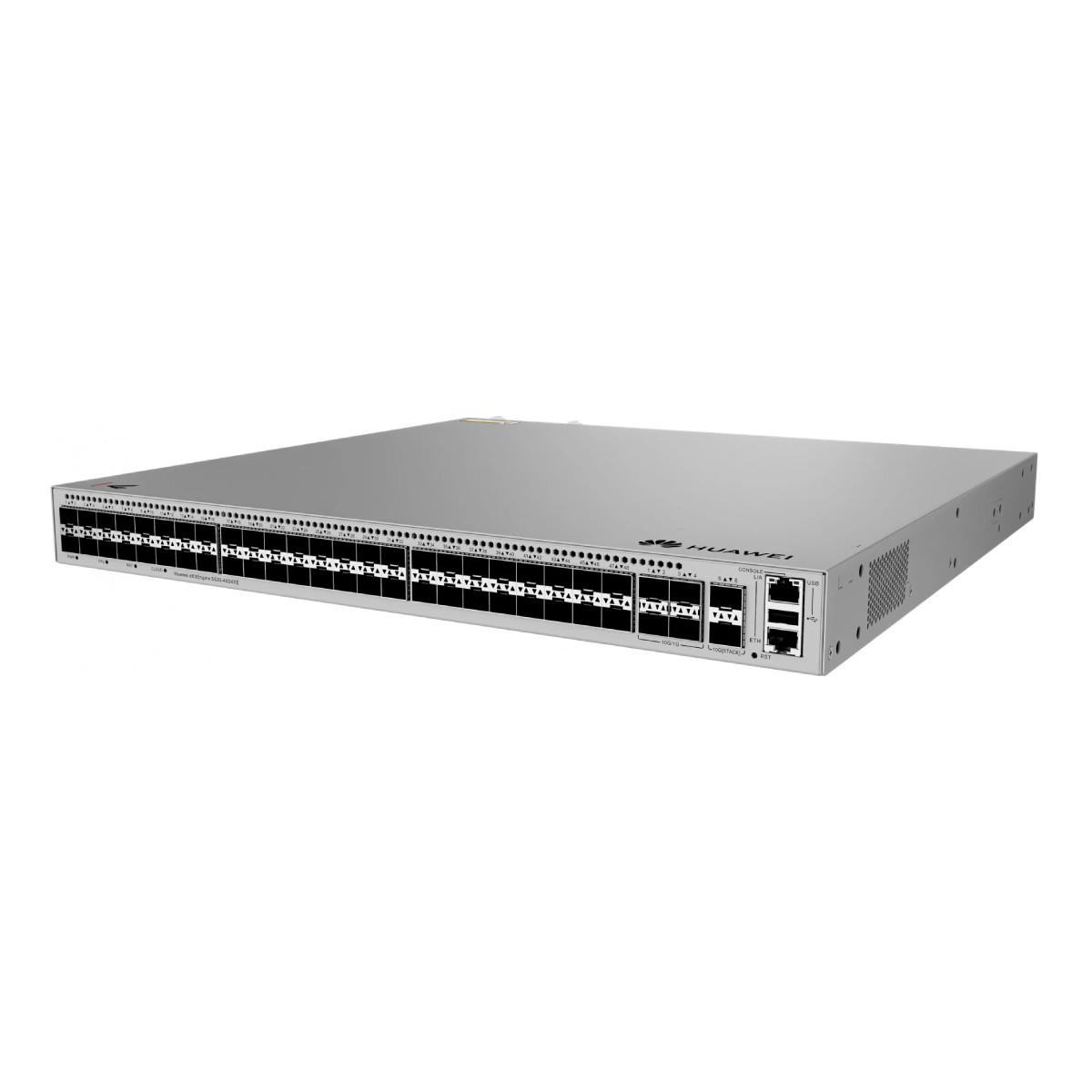 Uno switch di rete Huawei argentato con molte porte anteriori e laterali.