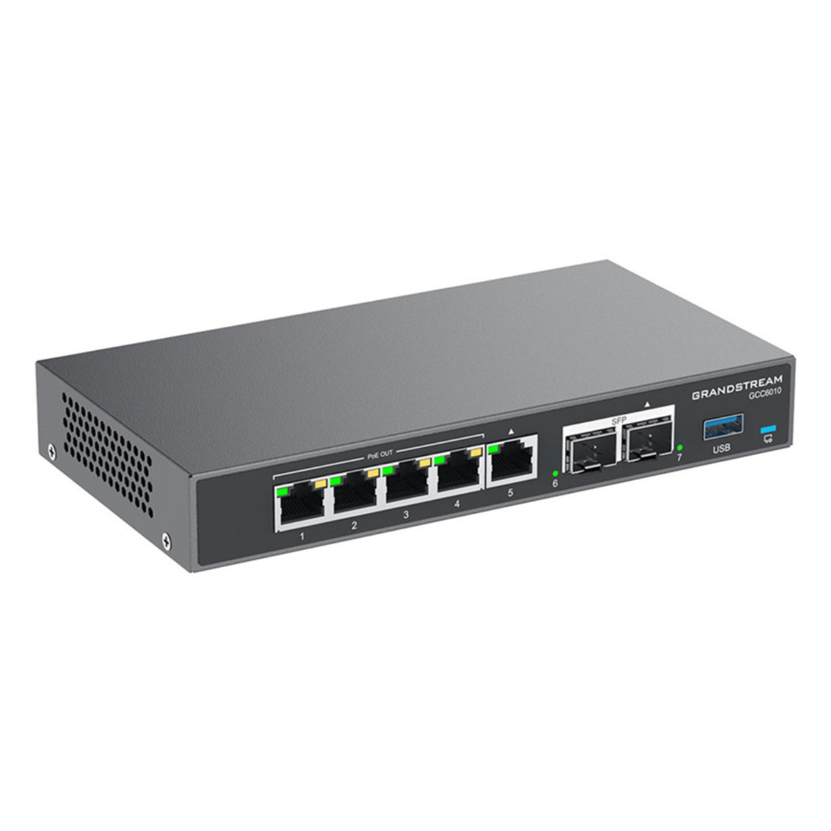 Uno switch di rete Grandstream GCC6010 grigio con 5 porte PoE, 2 porte SFP e una porta USB.