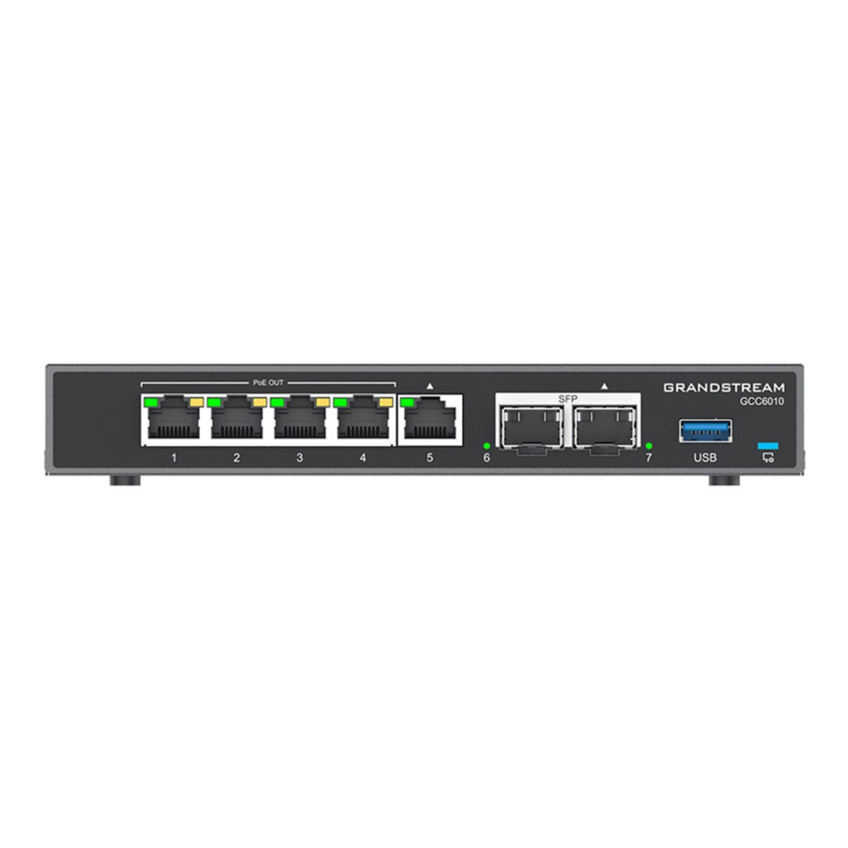 Switch di rete Grandstream GCC6010 con 5 porte Ethernet, 2 porte SFP e USB.