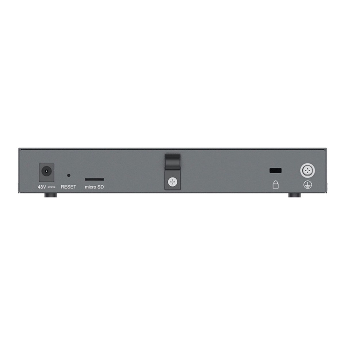 Dispositivo grigio con porte 48V, Reset, Micro SD, USB, lucchetto e terra.
