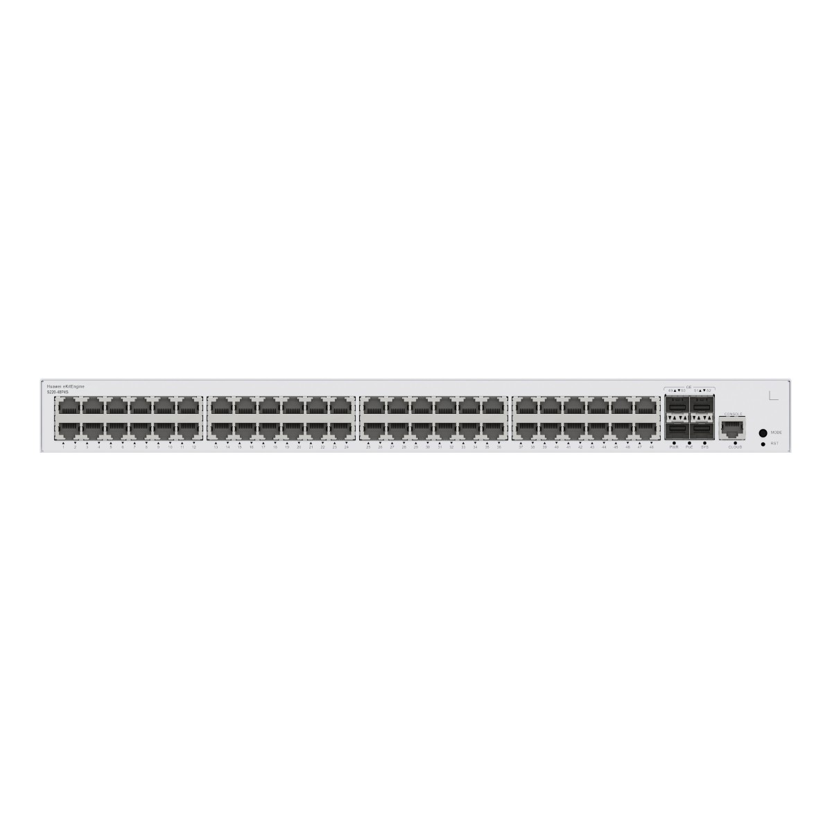 Switch réseau blanc avec 48 ports RJ45 et voyants d'état sur le panneau avant.