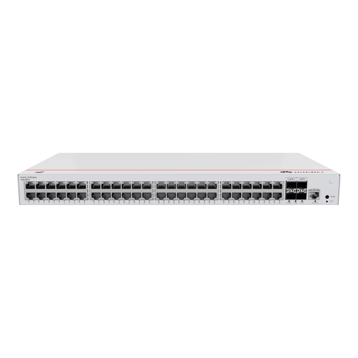 Switch Huawei blanc avec 48 ports et voyants d'état. Console, USB et boutons reset à droite.