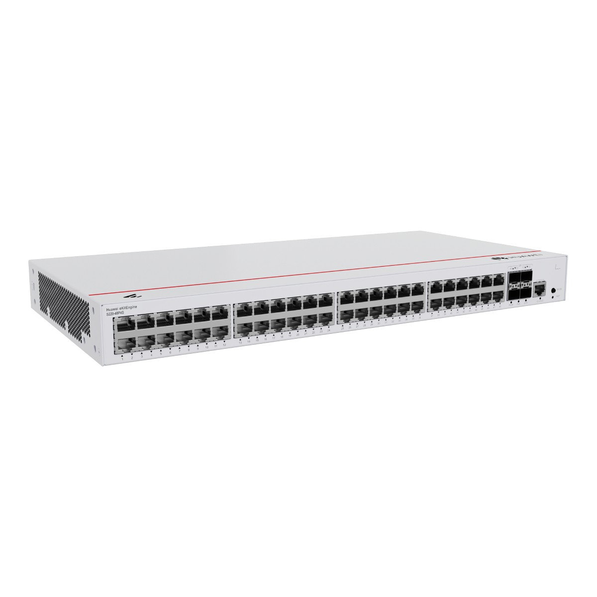 Un commutateur réseau blanc avec de nombreux ports Ethernet et une ligne rouge.