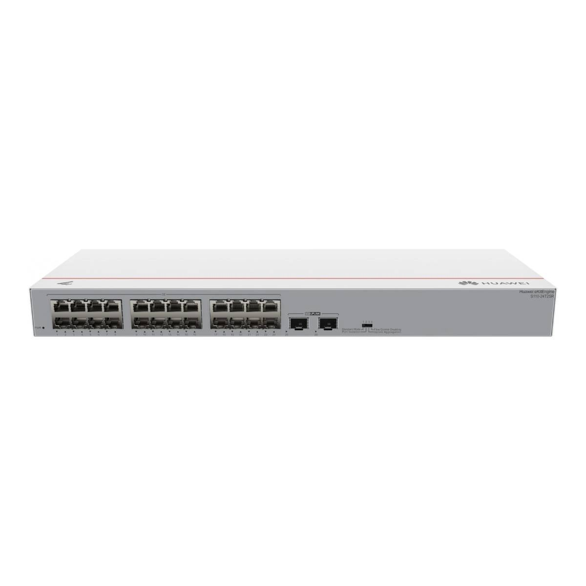Un appareil switch réseau Huawei blanc et épuré avec des accents rouges et de nombreux ports.