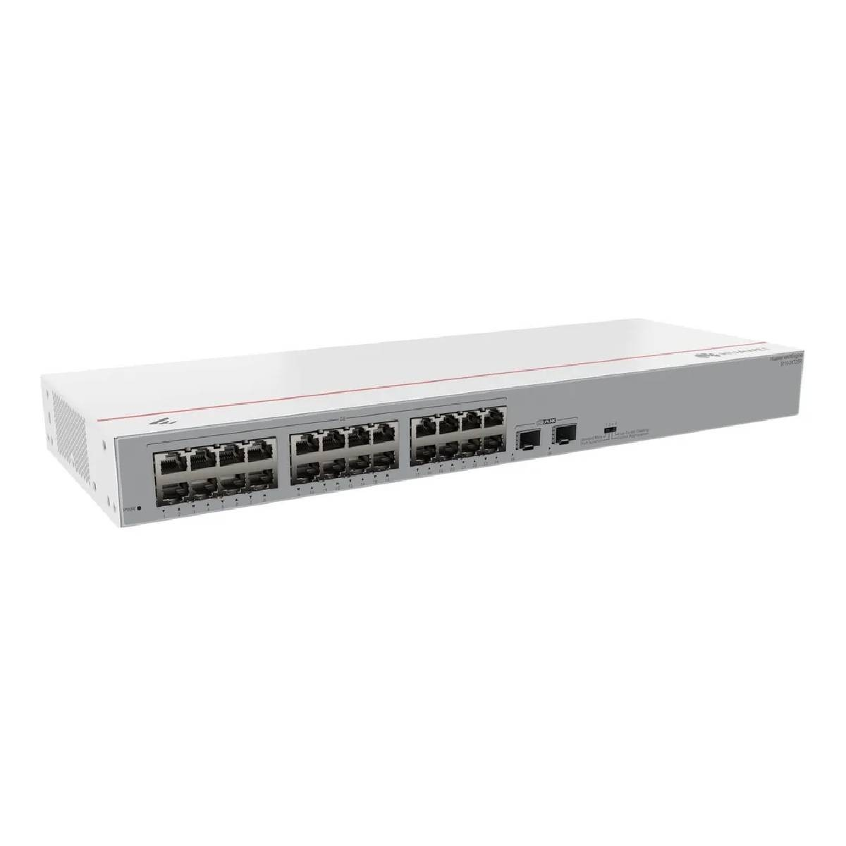 Un commutateur réseau blanc avec des accents rouges et de nombreux ports Ethernet.