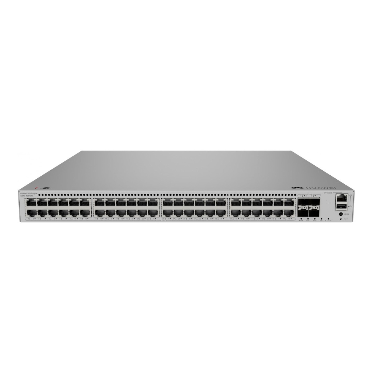 Uno switch di rete argentato con numerose porte Ethernet e spie di stato.