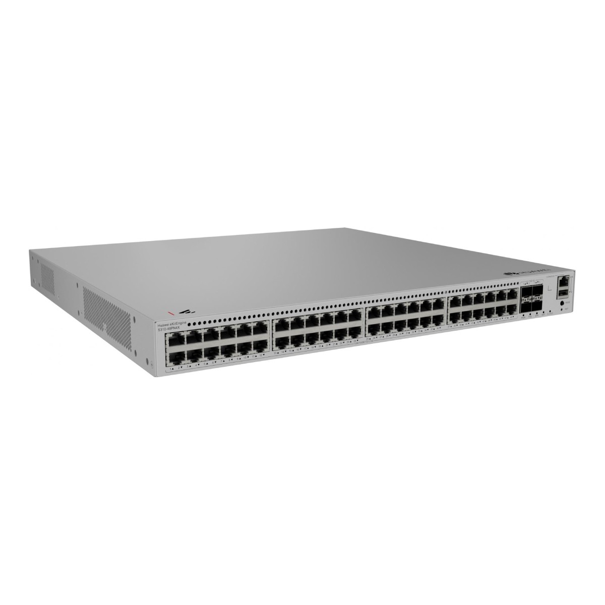 Uno switch di rete argentato con molte porte, vista frontale.