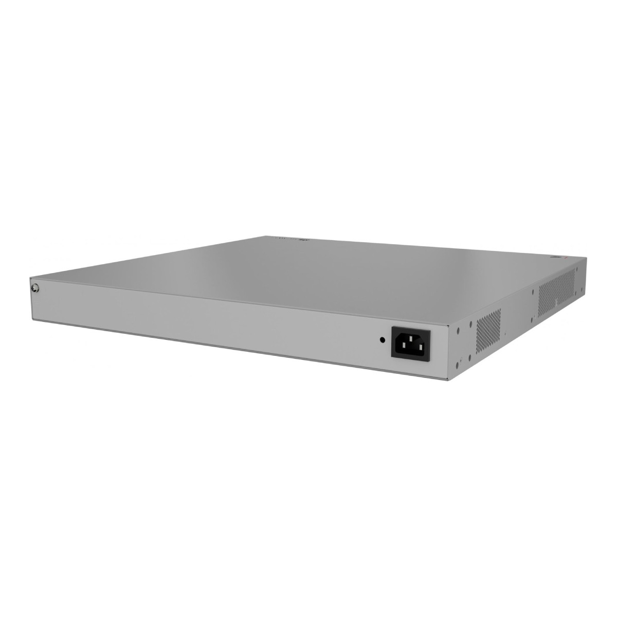 Switch di rete grigio con connettore di alimentazione sul pannello frontale.