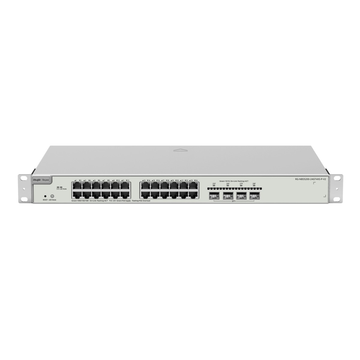 Uno switch di rete argentato con 24 porte e LED sul pannello frontale.