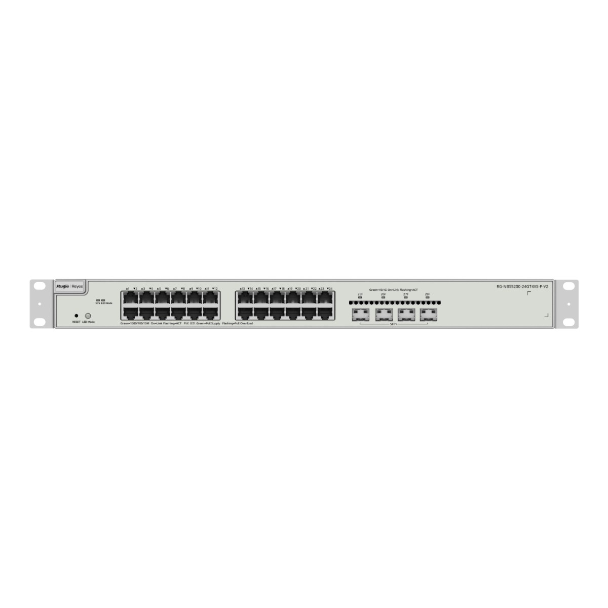 Uno switch di rete con 24 porte, pulsante di reset e LED di stato.