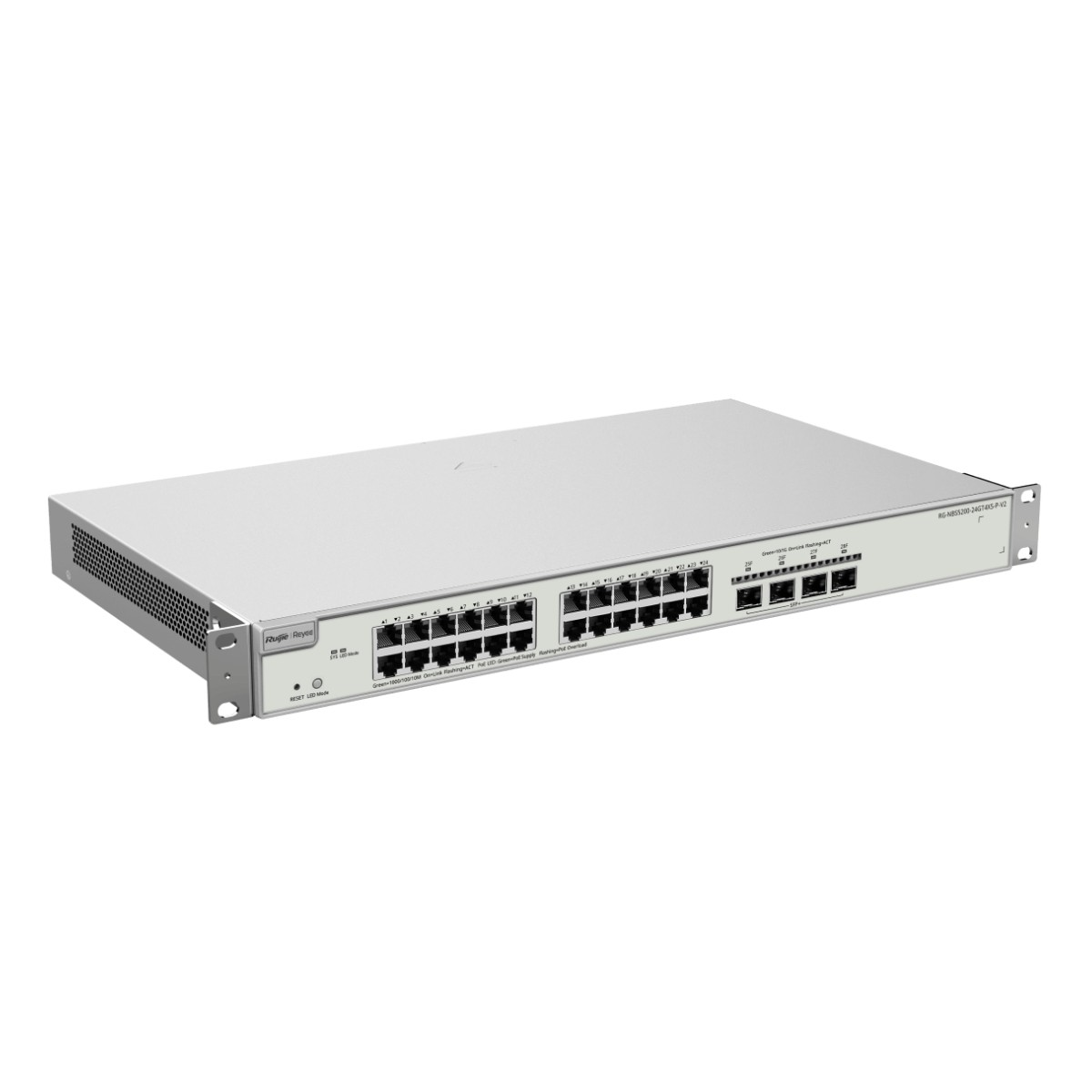 Uno switch di rete argentato con 24 porte Ethernet e porte SFP.