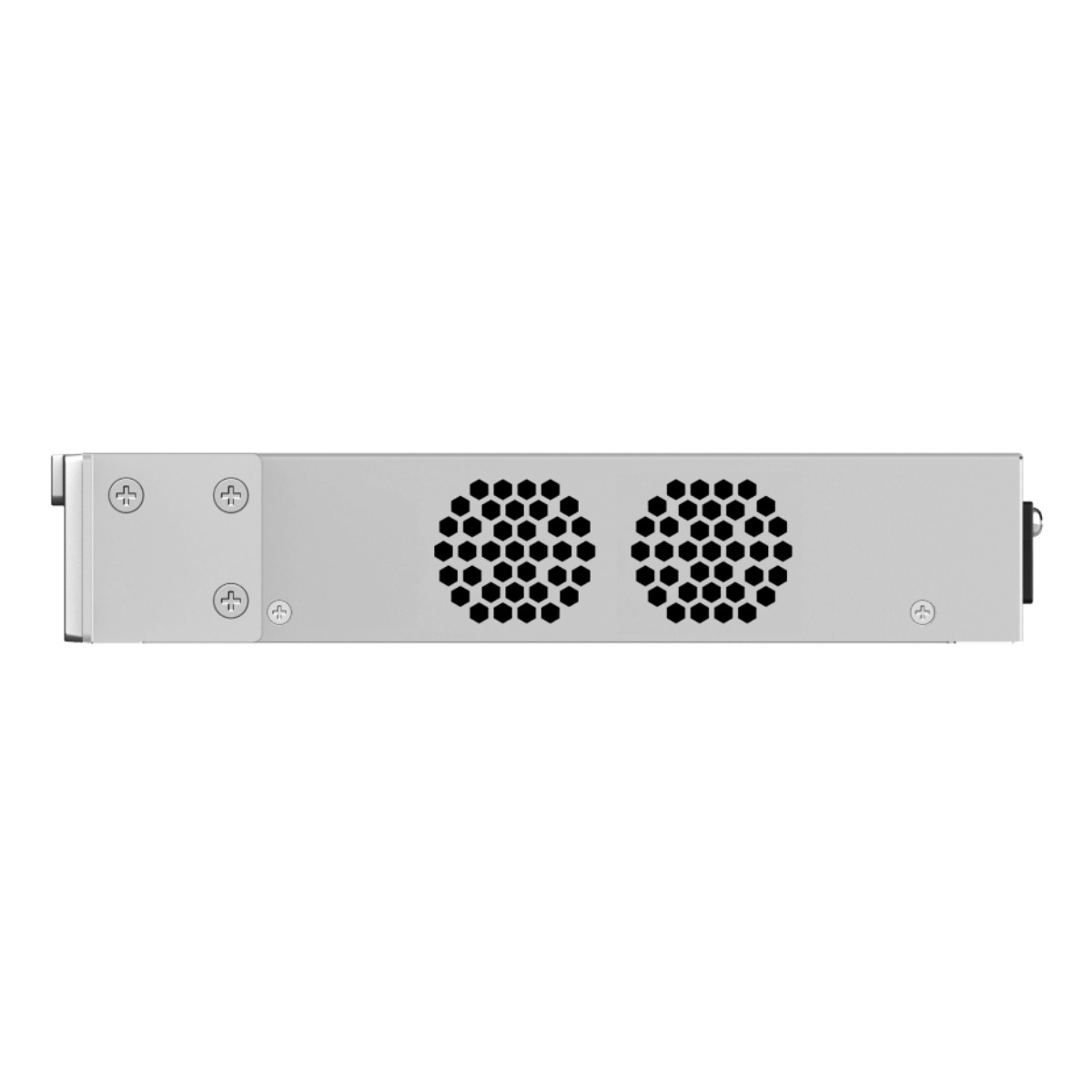 Dispositivo di rete argentato con due griglie di ventilazione e porte USB.