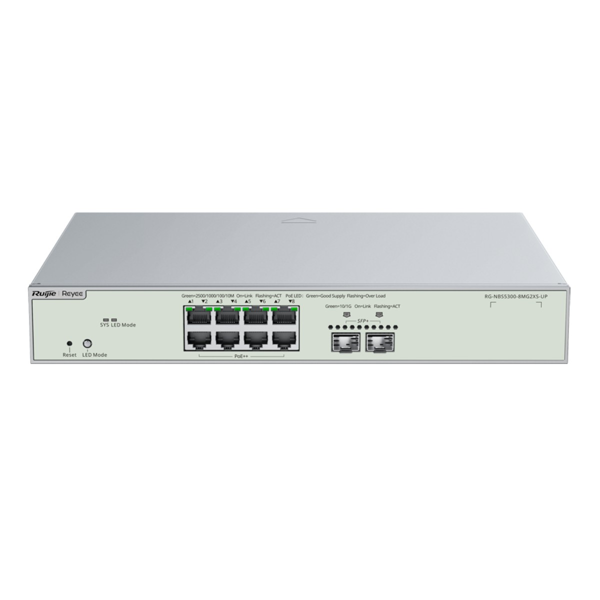 Uno switch di rete con 8 porte Ethernet e 2 porte SFP+, etichettato Ruijie Reyee.