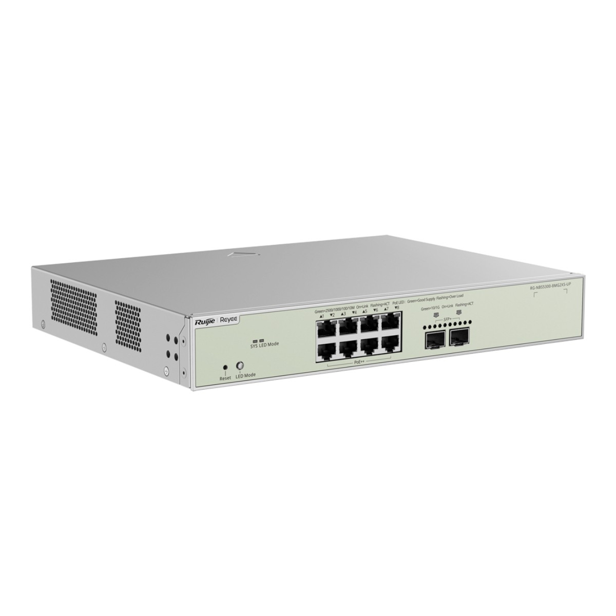 Uno switch di rete argentato con otto porte Ethernet, quattro porte SFP e indicatori LED.