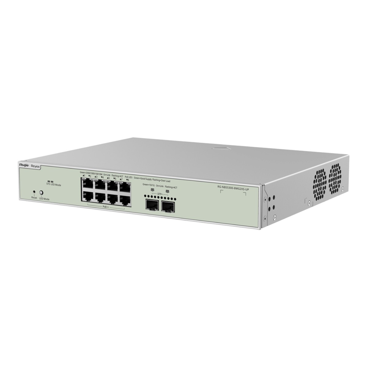 Switch di rete argentato con 8 porte PoE e 2 porte SFP+, pulsante di reset e indicatori LED.