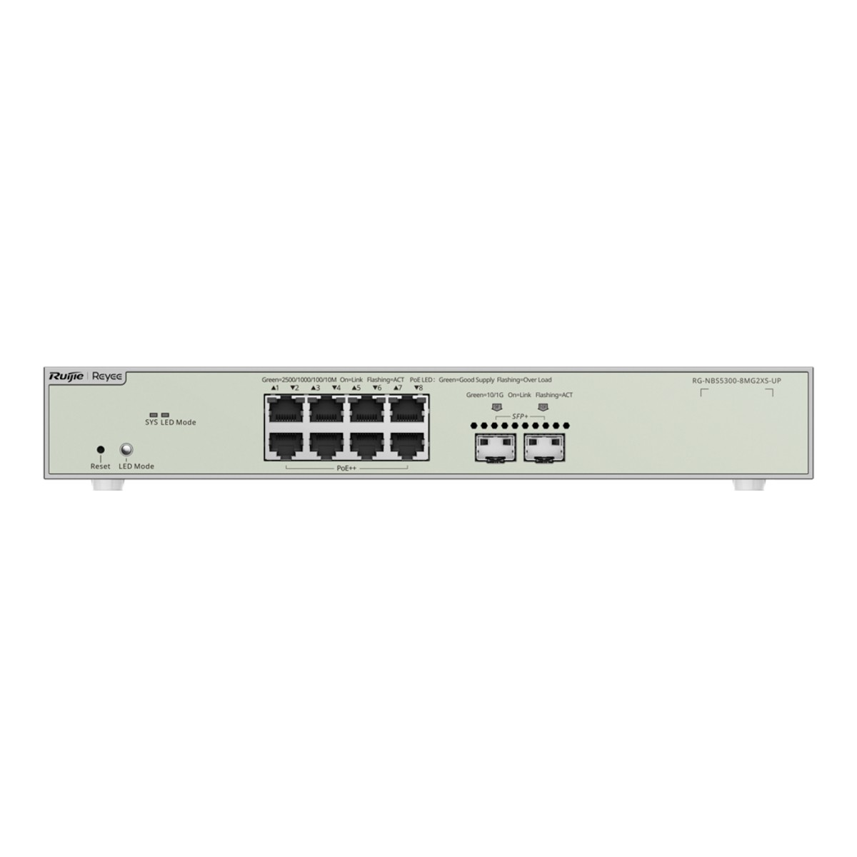 Uno switch di rete con 8 porte Ethernet, 2 porte SFP+, un pulsante di reset e LED di stato.