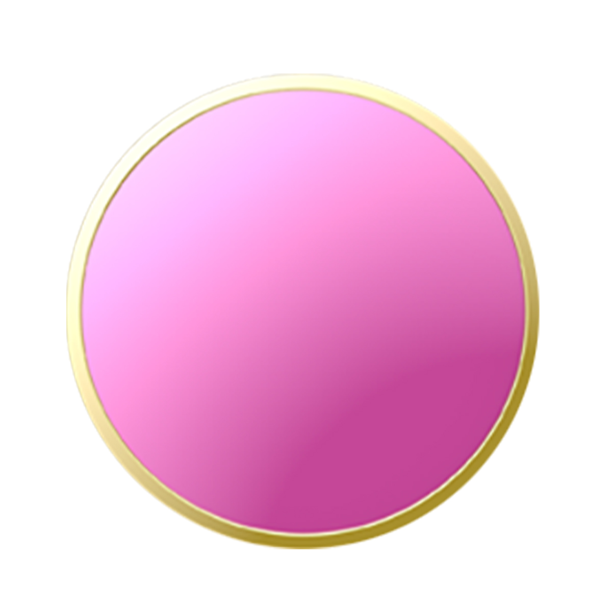 Un botón redondo y rosa con borde dorado sobre fondo blanco.