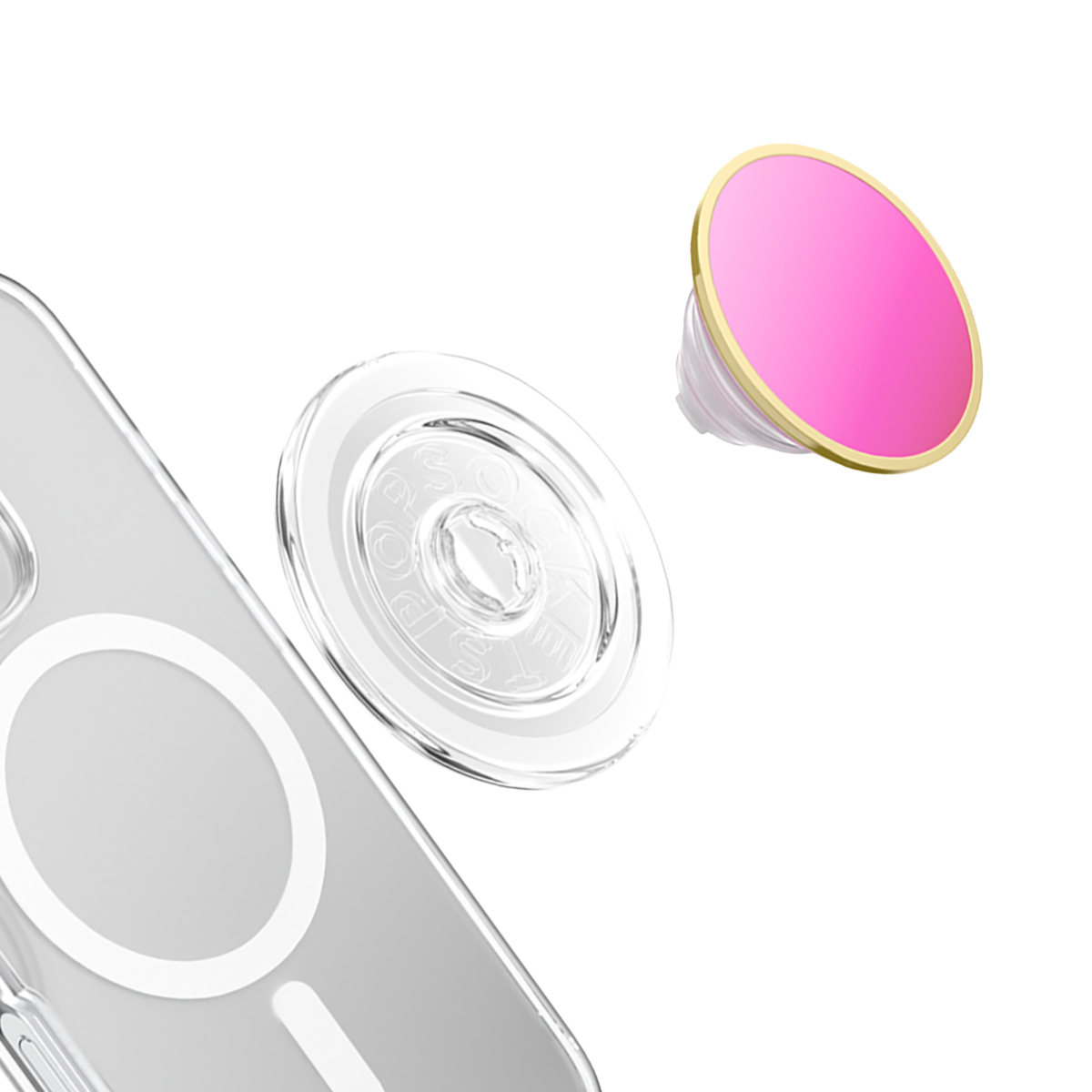 Una funda de teléfono transparente con agarre y accesorio rosa.