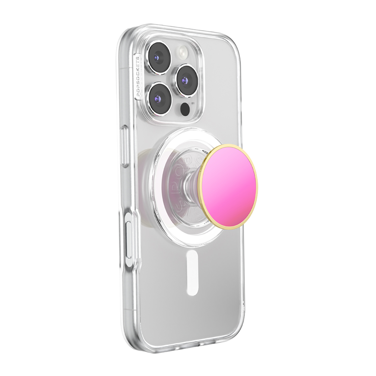 Una funda transparente para teléfono con un Popsocket rosa y borde dorado.
