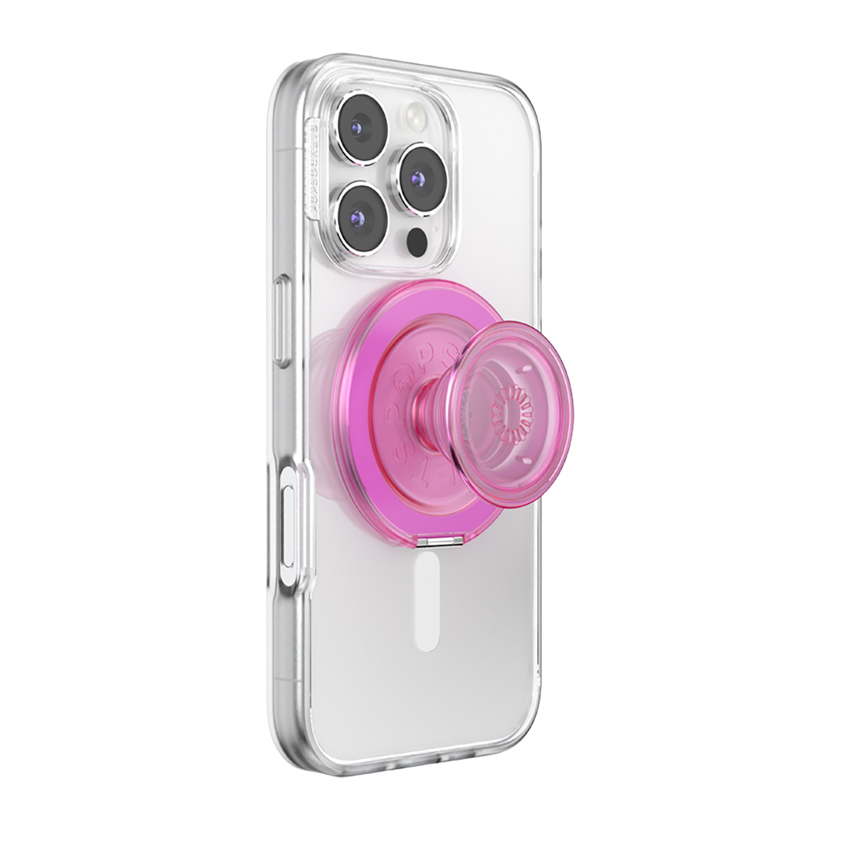 Un teléfono transparente con un PopSocket rosa adherido a su parte trasera.