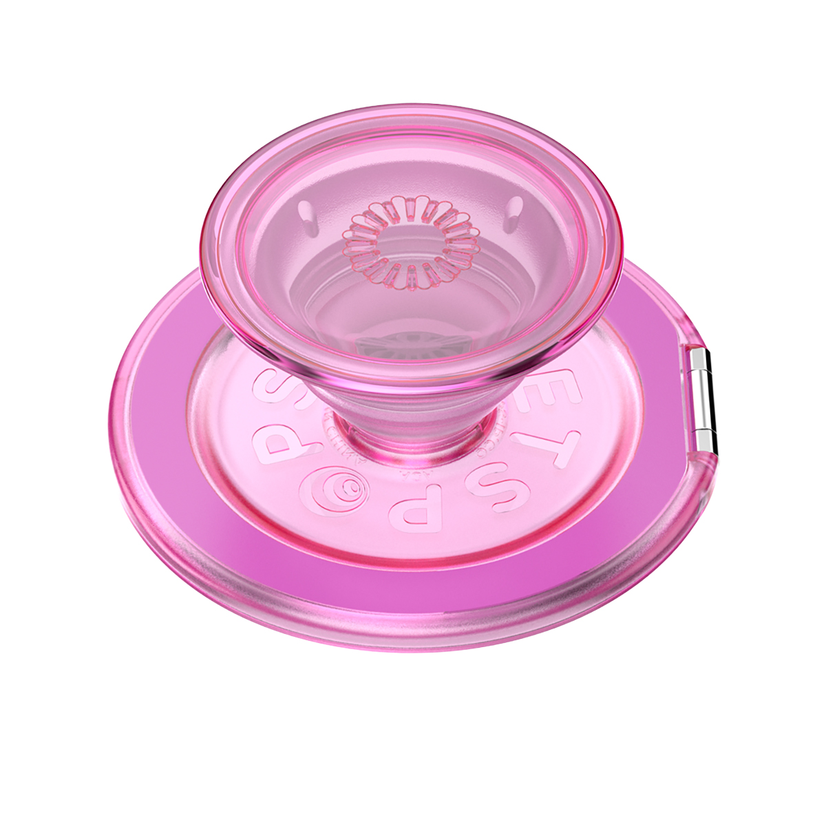 Un soporte PopSocket transparente y rosa con logo en relieve.